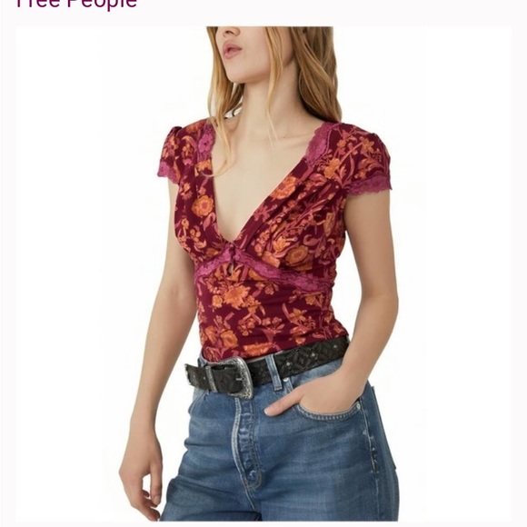 Free People Emory Emery Top in Pink Combo Size Large Floral Cap Sleeve NWT - Picture 8 of 11